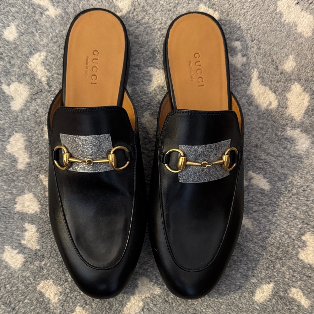 New, never worn, Gucci Black Princetown Loafers with Gold Detail, 38